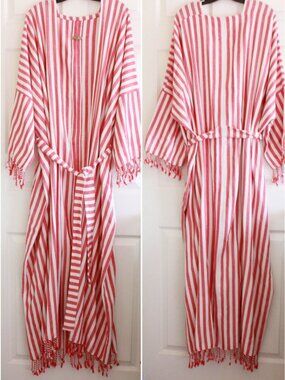 Orient 499 Handcrafted Stripe Cotton Abaya Long Sleeve Belted Robe Tassels
